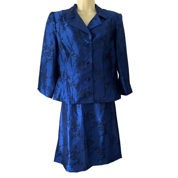 Scarlett Blue and Black Floral Print Jacket Top & Skirt Vintage 2 Piece Size 10 - Picture 1 of 10